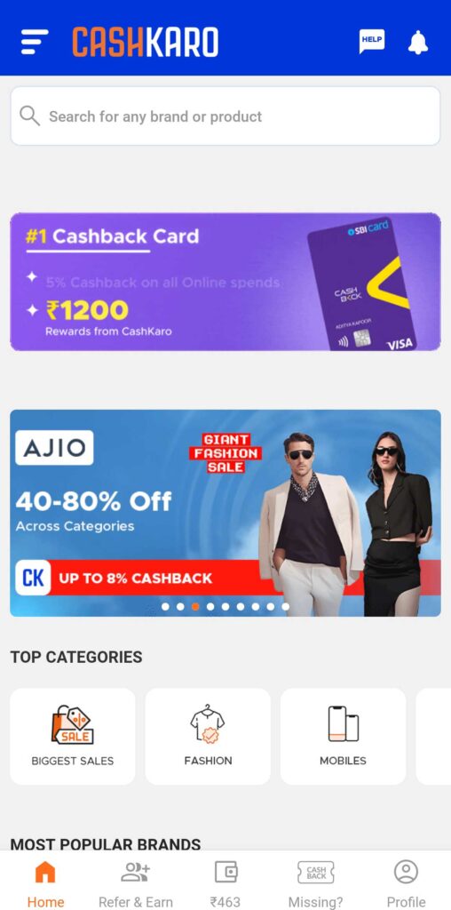 How to use CashKaro App Interface