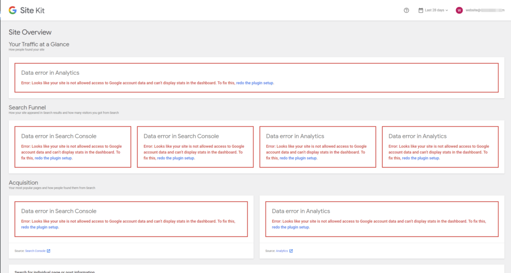 Looks like your site is not allowed access to Google account data and can't display stats in the dashboard solution