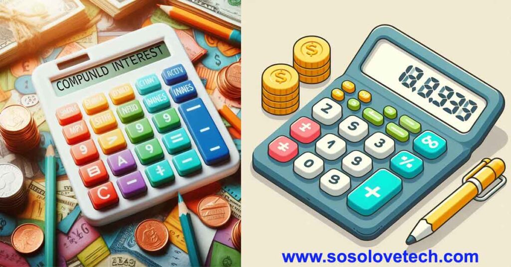 Simple and compound interest calculator thumbnail featuring mathematical symbols, percentage signs, a calculator icon, and financial elements like coins and graphs in a clean, tech-inspired design.