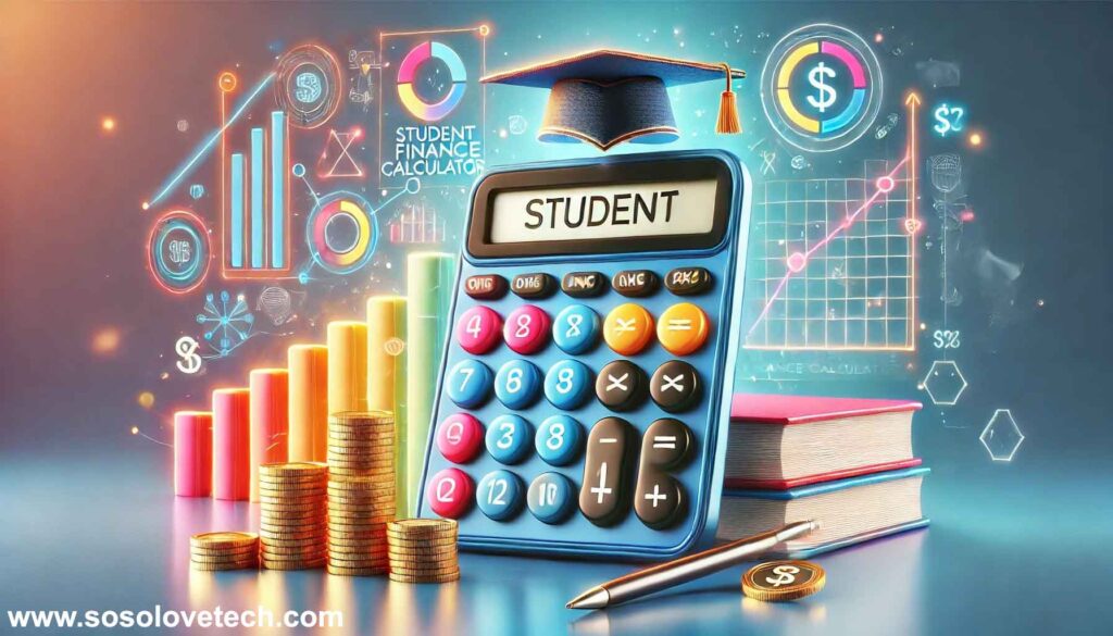 A modern digital illustration of a student finance calculator surrounded by colorful buttons, stacks of coins, academic books, and a graduation cap, set against a background of soft gradients and geometric shapes, symbolizing financial planning and education.