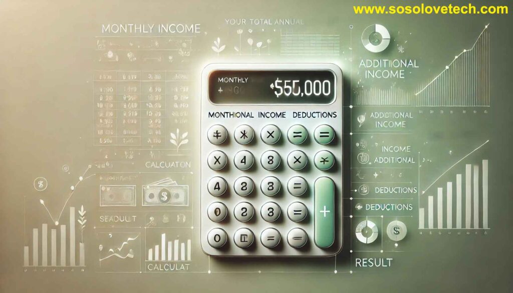 Total Annual Income Calculator interface with fields for Monthly Income, Additional Income, and Deductions, on a gradient background symbolizing simplicity and financial planning, featuring a highlighted Calculate button and a sample annual income result