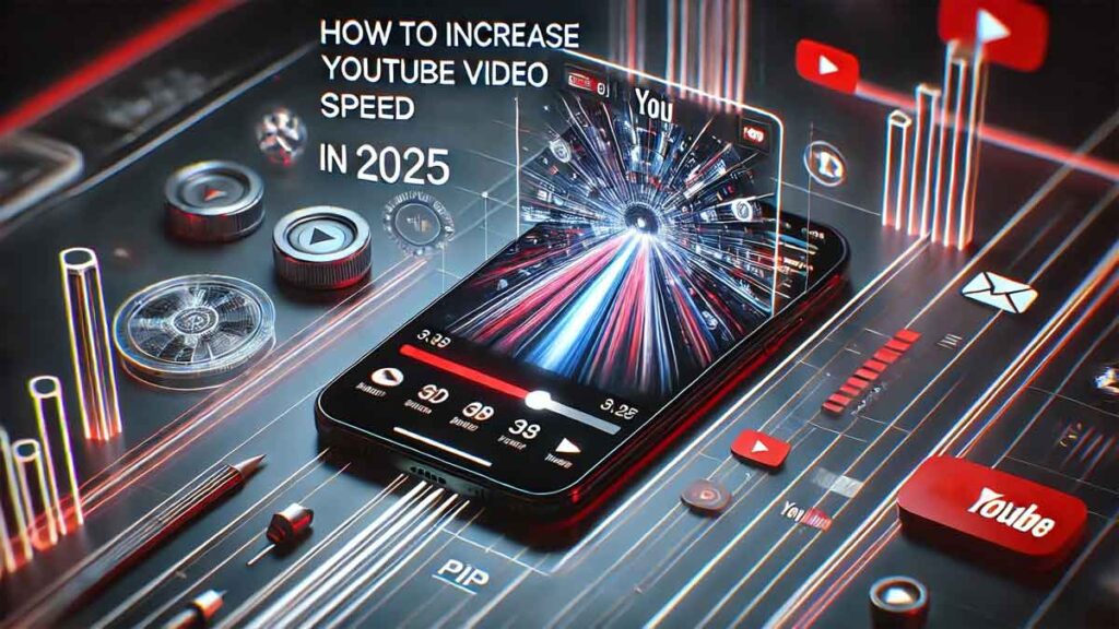 Futuristic feature image showing a smartphone with the YouTube app open, highlighting a video playing in Picture-in-Picture mode with speed adjustment settings. The sleek background features glowing lines, icons, and abstract tech elements, with text overlay reading 'How to Increase YouTube Video Speed in 2025.